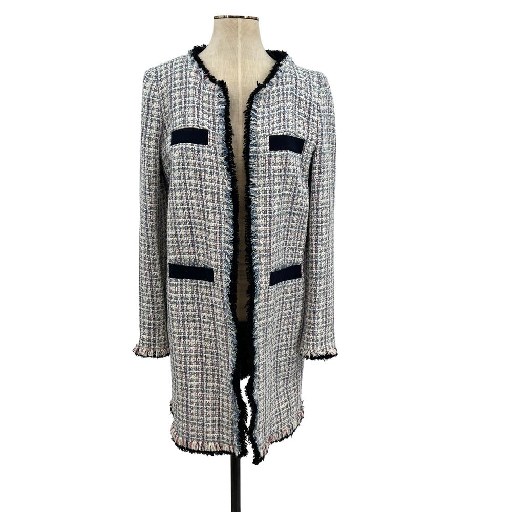 Pinko Fringe Tweed Long Jacket‎ Navy Blue Red White Textured Designer Size US 8